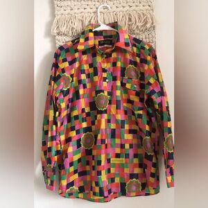 Obermeyer Vintage Wind Shirt Retro Groovy Floral Mod Check Large Rare